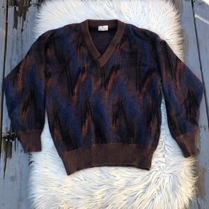 Vintage Neiman Marcus Wool Blend Abstract V-Neck Earth Tone Blue Brown Sweater M